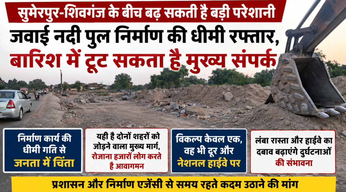 सुमेरपुर-शिवगंज के बीच बढ़ सकती है बड़ी परेशानी जवाई नदी पुल निर्माण की धीमी रफ्तार, बारिश में टूट सकता है मुख्य संपर्क सुमेरपुर-शिवगंज के बीच बढ़ सकती है बड़ी परेशानी जवाई नदी पुल निर्माण की धीमी रफ्तार, बारिश में टूट सकता है मुख्य संपर्क