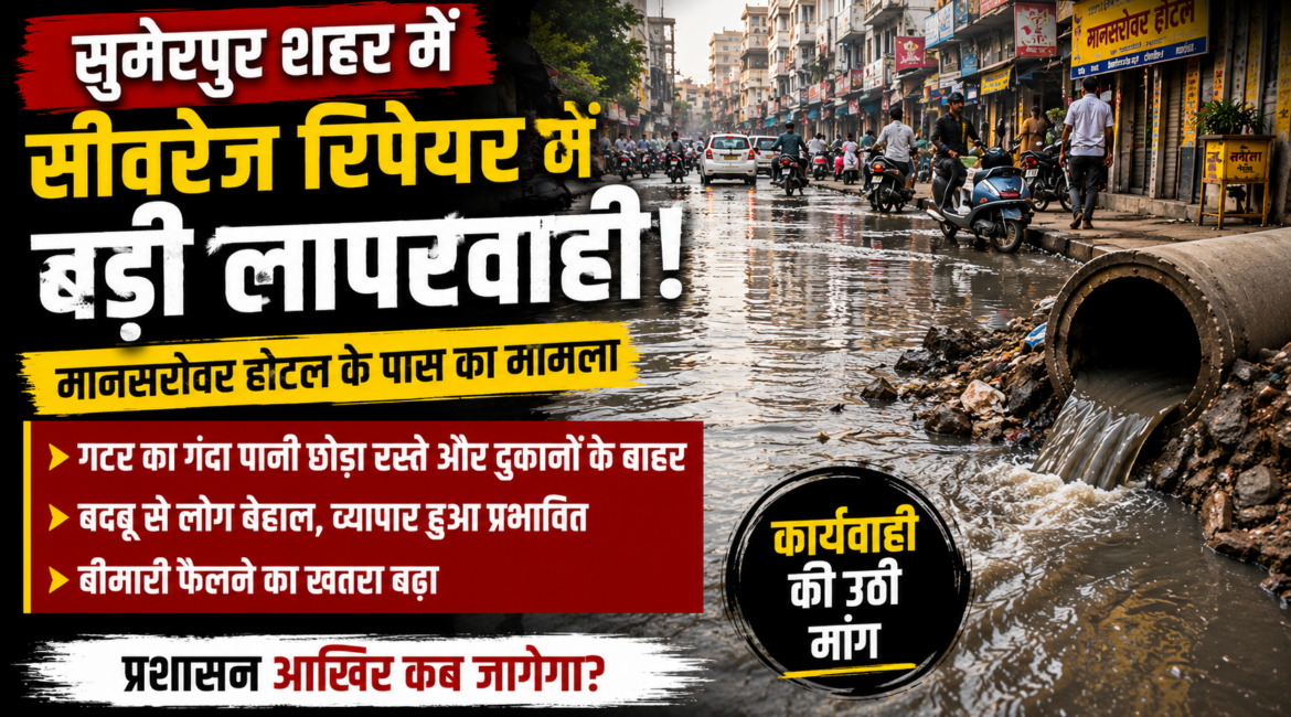सुमेरपुर में सीवरेज रिपेयर की बड़ी लापरवाही! मानसरोवर होटल के पास गटर का गंदा पानी सड़कों और दुकानों के बाहर छोड़ा, बदबू और गंदगी से लोग बेहाल सुमेरपुर में सीवरेज रिपेयर की बड़ी लापरवाही! मानसरोवर होटल के पास गटर का गंदा पानी सड़कों और दुकानों के बाहर छोड़ा, बदबू और गंदगी से लोग बेहाल