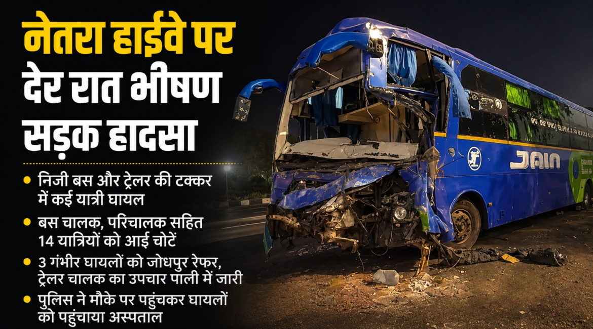 नेतरा हाईवे पर देर रात भीषण सड़क हादसा, निजी बस और ट्रेलर की टक्कर में कई यात्री घायल