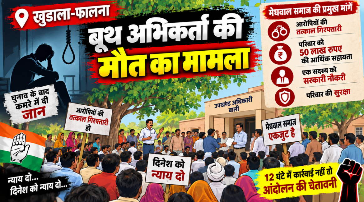 खुडाला-फालना में बूथ अभिकर्ता की मौत का मामला: मेघवाल समाज ने की आरोपियों की गिरफ्तारी की मांग, 50 लाख मुआवजे की मांग