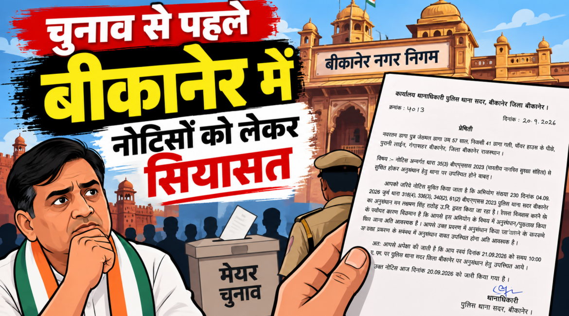 बीकानेर में मेयर चुनाव से पहले कांग्रेस पार्षद को पुलिस नोटिस, 21 सितंबर सुबह 10 बजे थाने बुलाया बीकानेर में मेयर चुनाव से पहले कांग्रेस पार्षद को पुलिस नोटिस, 21 सितंबर सुबह 10 बजे थाने बुलाया